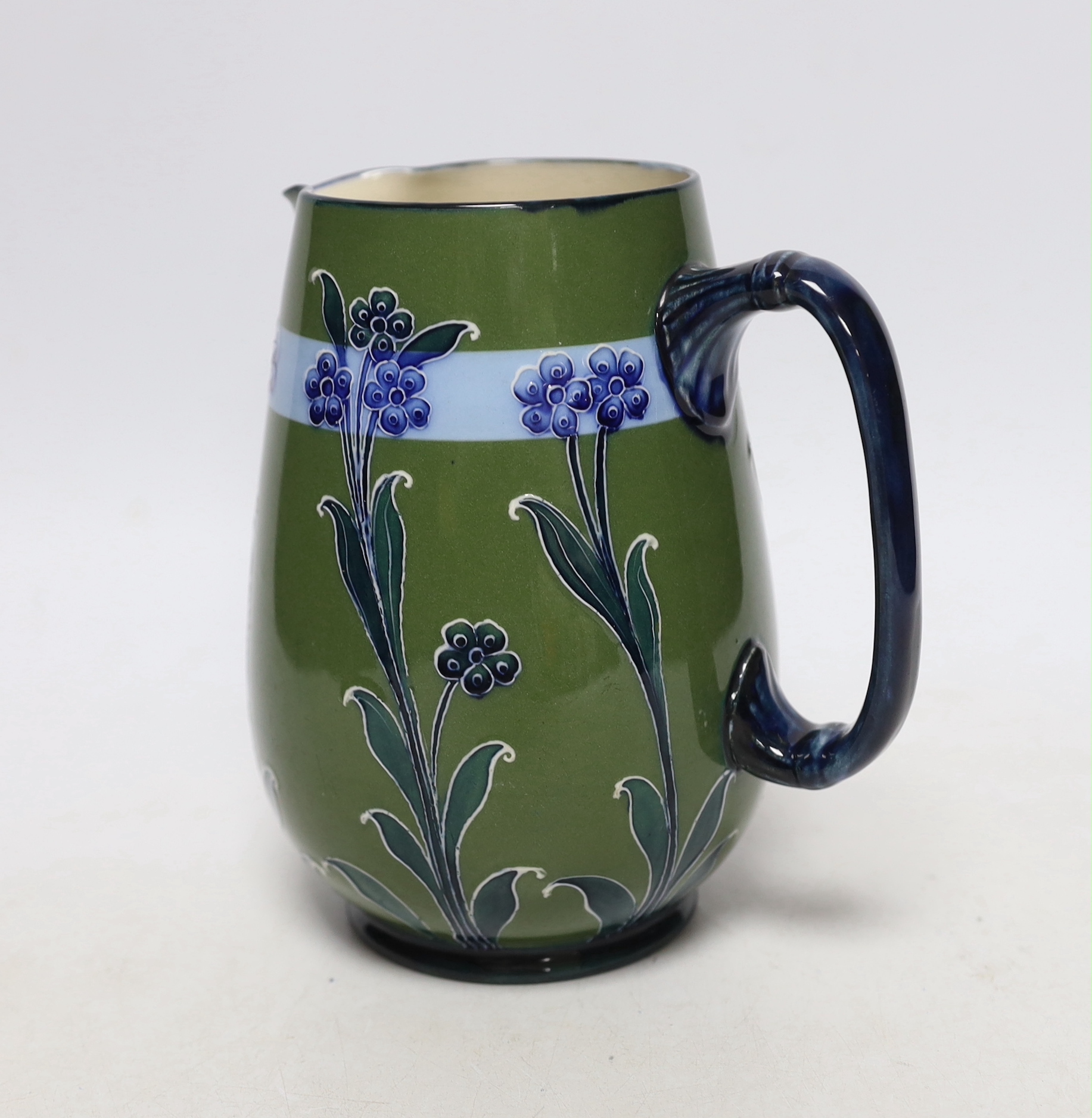 A James McIntyre & Co Florian ware jug, probably designed by William Moorcroft, 16.5cm